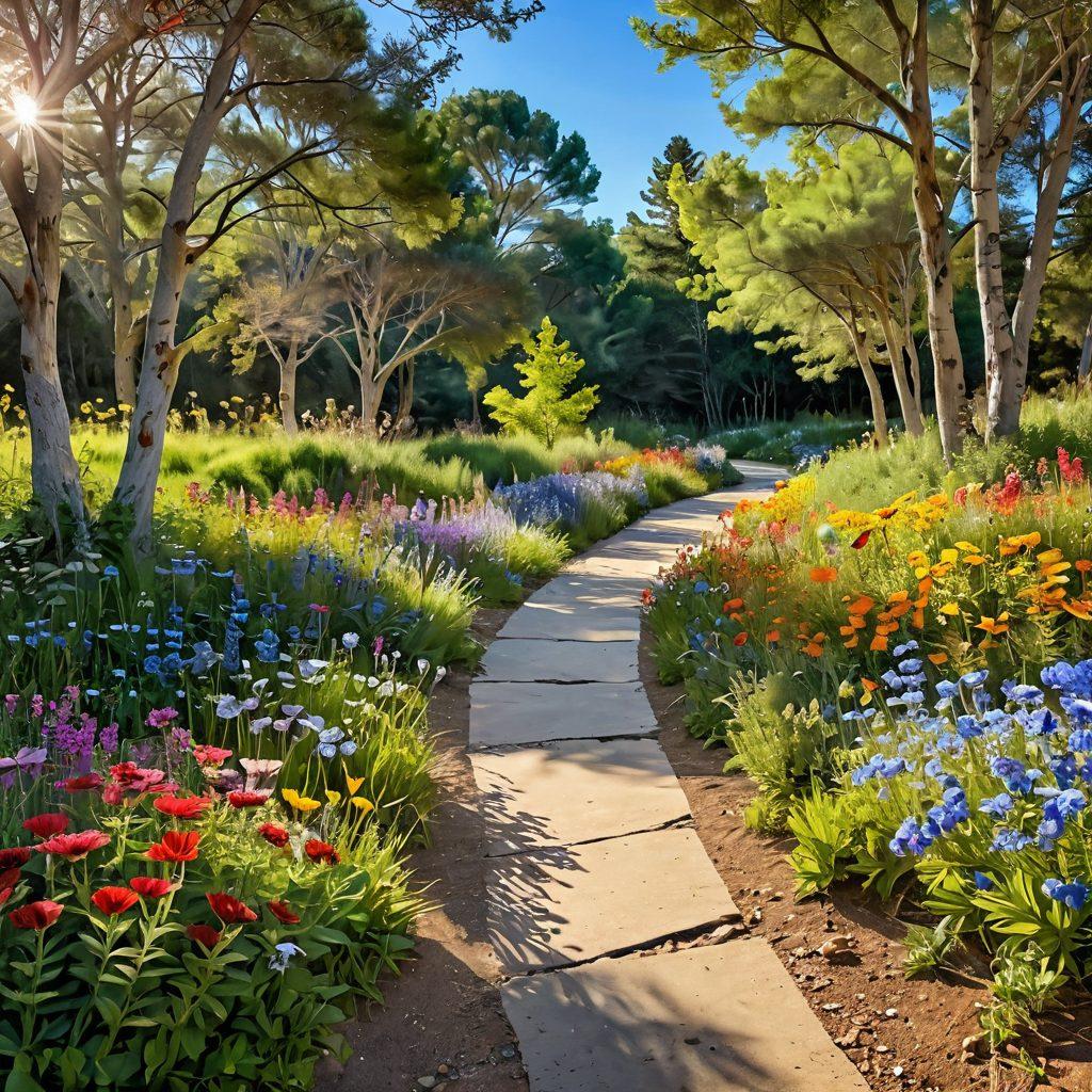 A serene landscape featuring a winding path lined with colorful wildflowers, where joyful people of diverse backgrounds are engaging in small acts of kindness, like helping each other and sharing laughter. The sky is bright and clear, symbolizing optimism and cheerfulness. Sunlight filters through the trees, creating a warm, inviting atmosphere. Add playful butterflies to enhance the feeling of joy. vibrant colors. super-realistic.