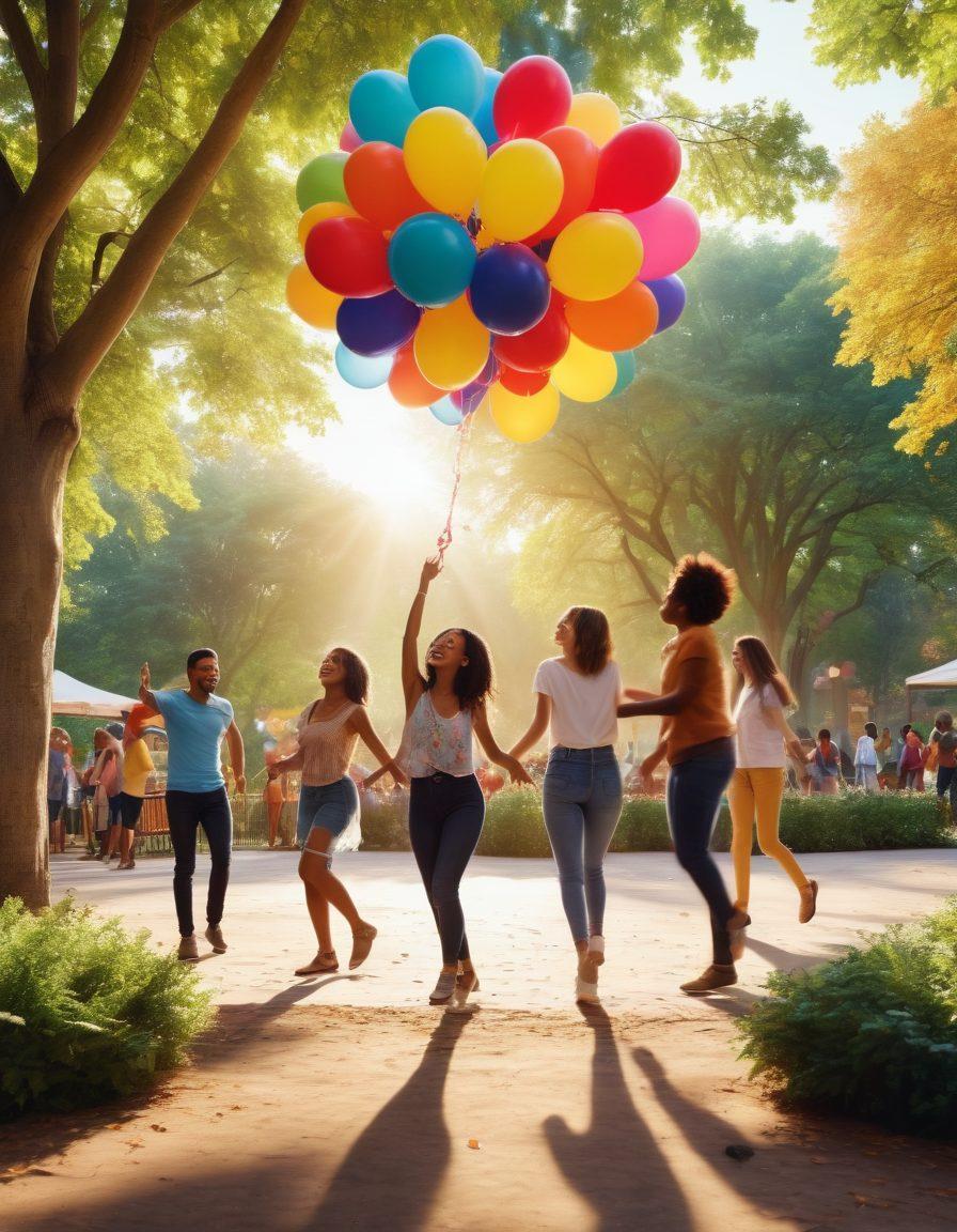 A vibrant scene depicting a diverse group of people engaging in various interactive activities such as dancing, playing games, and sharing laughter in a beautifully decorated urban park. Include colorful balloons and joyous expressions to emphasize the spirit of celebration and connection. Soft sunlight filters through lush trees, creating a warm, inviting atmosphere. super-realistic. vibrant colors.