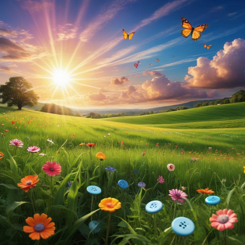 A serene landscape with a glowing sun peeking through fluffy clouds, symbolizing hope and joy. In the foreground, whimsical buttons and clickable icons scattered throughout a lush green field, each radiating vibrant colors. A figure joyfully connecting with these buttons, reflecting the idea of small actions leading to happiness. Gentle butterflies floating around, enhancing the feeling of bliss. bright colors. super-realistic.